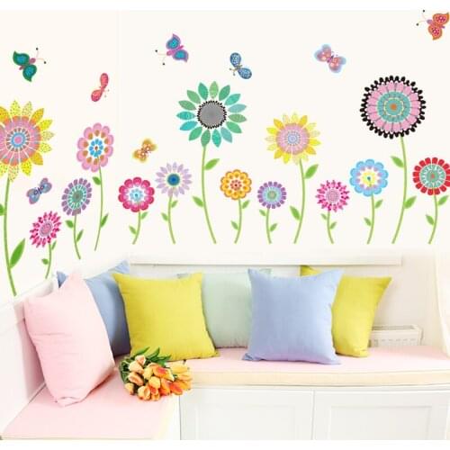 Cartoon Flowers Wall Stickers Vinyl DIY Plant Wall Decals for Living Room Kids Bedroom Kitchen Glass Decoration