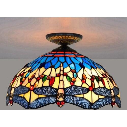 40cm European-Style Yellow Base Dragonfly Tiffany Multi-Color Glass Restaurant Bedroom Aisle Glass Ceiling Lamp