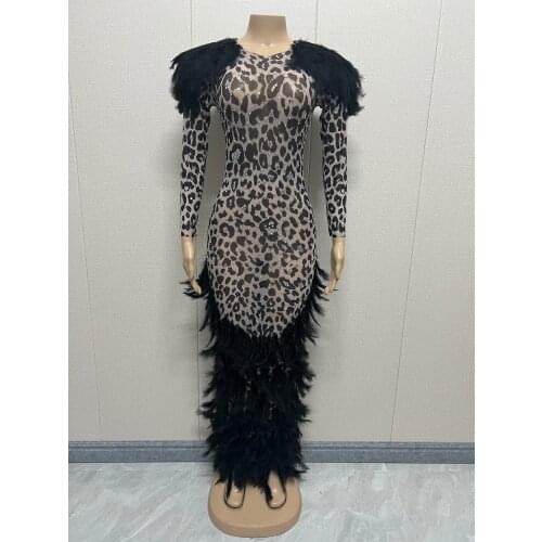 Sparkly Rhinestones Feather Mesh Perspective Dress Evening Party Black Dress Birthday Celebrate Costume Performance Dress YOUDU