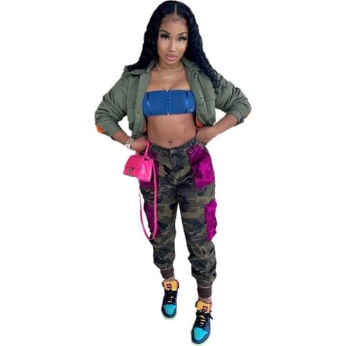 Streetwear Winter Casual Cargo Pants Women High Waist Camouflage Pants Patchwork Joggers Women Long Pants Trousers with Pockets