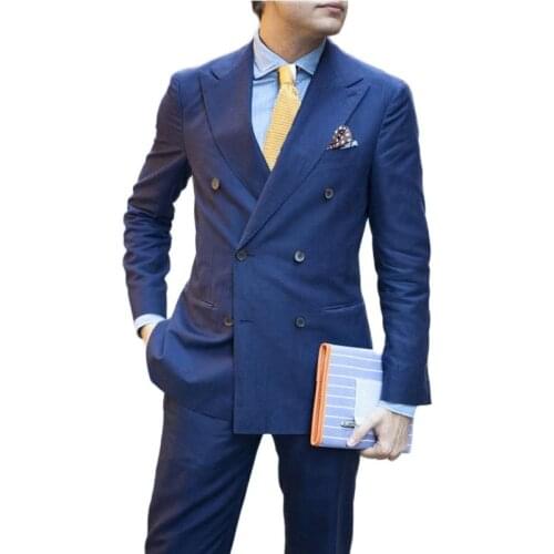 Double Breasted Blue Mens Evening Dress Toast Dress Blazers Business Suits Coat Trousers Groom Tuxedos (Jacket+Pants+Tie) W:545