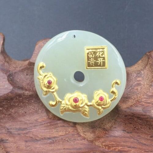 With Certified Pure 24k Yellow Gold Perfect Flower with Natural Jade Nephrite Round Pendant 27x27mm
