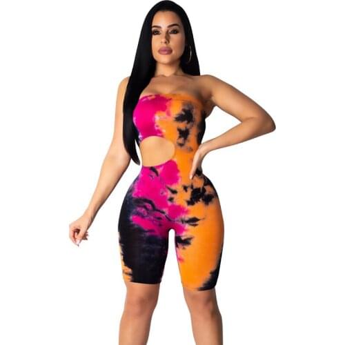 Summer Rompers Womens Tube Jumpsuit Sexy Strapless Cutout Tie Dye Print Bodycon Bandage Jumpsuits Shorts Casual Beach Playsuits