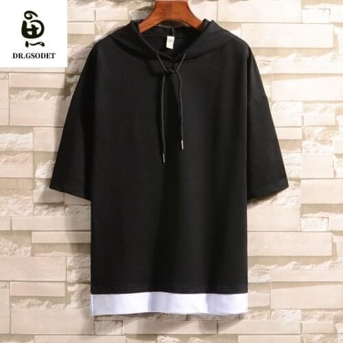 GSODET Summer T-Shirt Couple Cotton Harajuku Fake Two Hooded Loose Simple Half-Sleeved All-Match Oversize Mens and Womens Top