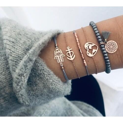 Hot-selling beaded bracelet with hand of Fatima gray line love map five-piece bracelet for fashion women gifts wholesale