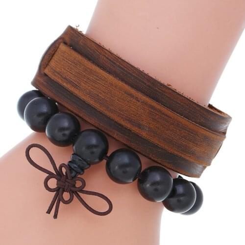 Punk Fashion Brown Genuine Leather Wristbands Bracelet Set Wood Beads Simple Charm Bangle Wrap for Women Men Casual Jewelry Gift