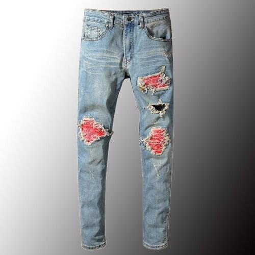 New Mens Red Printed Patch Biker Jeans For Moto Skinny Patchwork Holes Ripped Stretch Denim Pants Plus Size 40