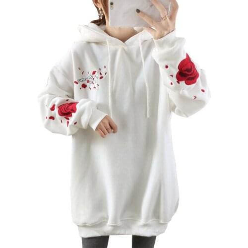 Autumn Winter Long Sleeve Hoodie Sweatshirt Female Birds Rose Embroidery Hooded Pullover Tops sudaderas