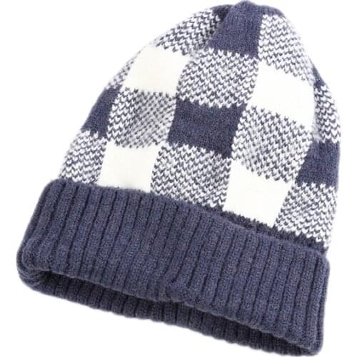 New Knitted Hat Fashion Women Autumn Winter Plaid Mixed Color Wool Knitted Cap Thicken Windproof Keep Warm Set Head Hats TG0147