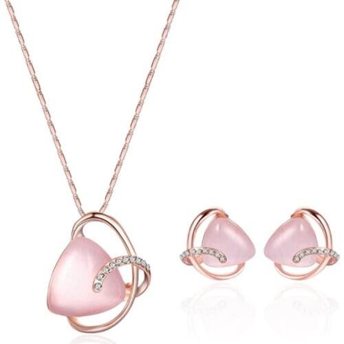 Trendy Rose Gold Color Alloy Cute Heart Cat Eye Stone Pendant Link Chain Necklace Earrings for Women Jewelry Sets