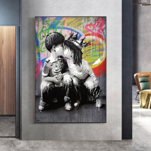 Graffiti Boy and Girl kissing Wall Art Canvas Posters And Prints Kissing Street Art Paintings On the Wall Pictures Home Decor