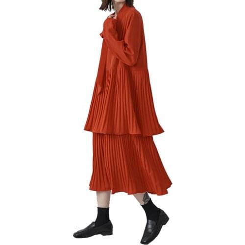 Spring High Waist Red Pleated Chiffion Dress Women Loose Womens Long Sleeve Red Causal Dress Oversize 1855