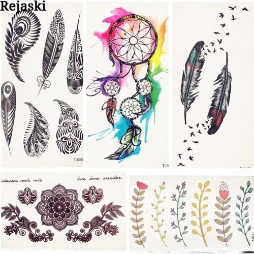 Black Peacock Feather Birds Temporary Tattoo Stickers Water Color Dream Catcher Water Transfer Tattoo Body Art Drawings Tatoos