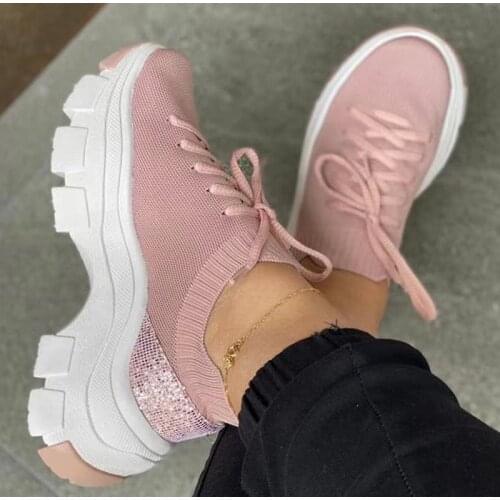 Womens Sneakers Knitted Sock Shoes Breathable Thick Bottom Female Vulcanized Shoes Lace Up Summer Autumn Ladies Shoes 2021 New