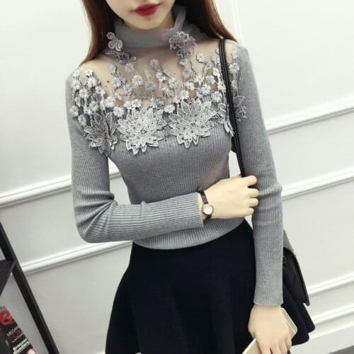 2021 Autumn Winter Women Sweater Turtleneck Lace Flower Long Sleeves Pullovers Knitted Sweaters Elegant Jumper Pull Femme