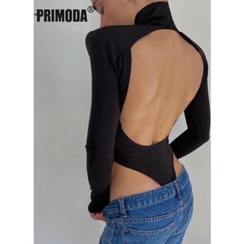 Sexy Turtleneck Backless Bodysuit Women Black White Long Sleeve Rompers Jumpsuits Party Body Suit Shoulder Pads Overalls PR2048G