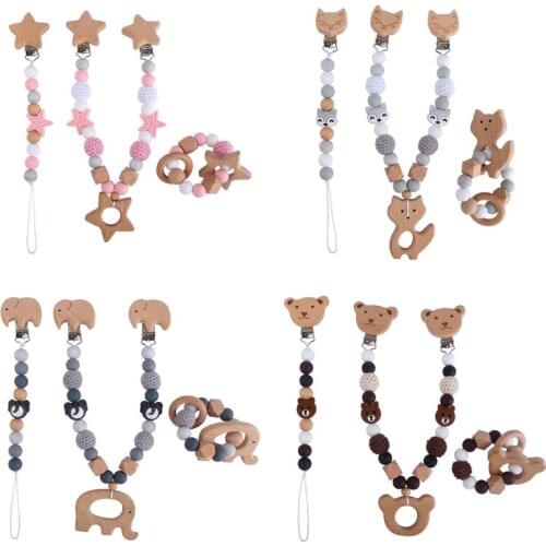 3Pcs/Set Baby Stroller Hanging Clip Pendant Mobile Rattle Dummy Holder Pacifier Chain Wooden Ring Bracelet Infants Teether G99C