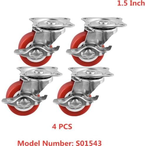 4 Pcs/Lot 1.5 inch Universal Brake Caster, Flat Side Roller, Furniture, Tea Table Pulley, Red Pvc Wheel