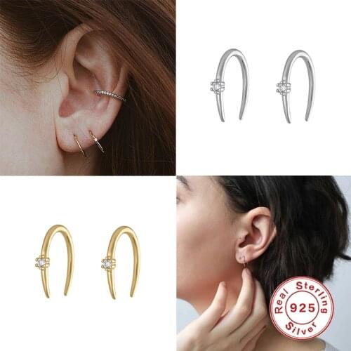 Aide 100% 925 Sterling Silver Earrings For Women Simple U-shaped Lines Stud Earrings Zircon Diamond Korean Jewelry Pendientes