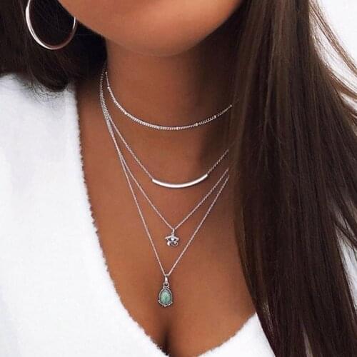 Bohemian Multilayer Beads Chains Water Drop Gem Geometric Pendant Necklace Women Vintage Clavicle Necklace Jewelry Kolye YN1686