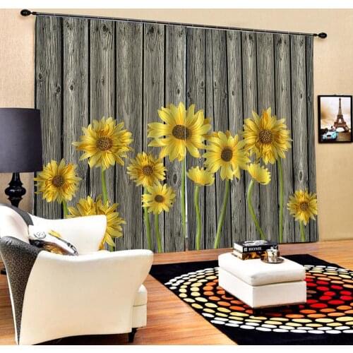 Blockout Polyester Wooden board sunflower Photo Drapes Fabric For Room Bedroom Window 3D Curtain Printing