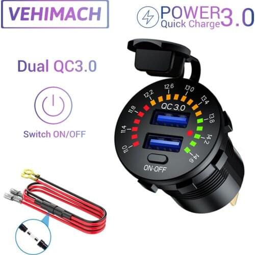 QC 3.0 Car Quick Charger Dual USB Port Charge Switch ON/OFF Power Adapter Waterproof Lid Stream Ambient Light With LED Voltmeter