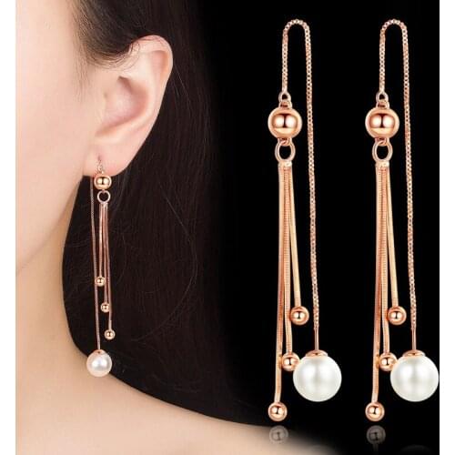 925 Sterling Silver Elegant Pearl IrregularBeads Tassel Ear Chain Silver Color Long Earrings For Women oorbellen S-E876