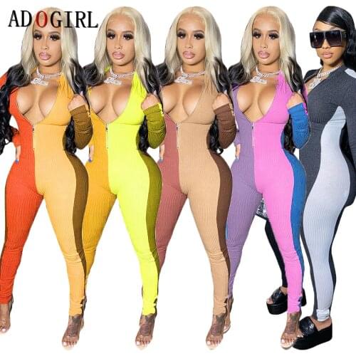 Adogirl Patchwork Ribbed Jumpsuit Long Sleeve One Piece Knitted Zipper Jumpsuit Autumn Winter Female Skinny Rompers Streetwear