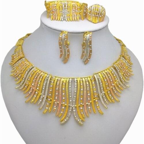 Kingdom Ma Wholesale African Costume Gold Color Jewelry Set Nigerian Wedding Imitate Crystal Necklace Bracelet Earring Ring Sets