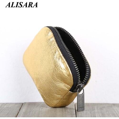 Alisara Small Storage Coin Purses Lady First Layer Cow Leather Top End Women Fashion Gold Organizer Bag Mini Credit Card Wallet