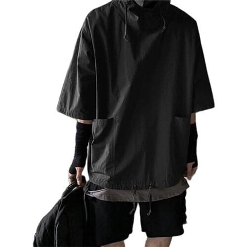2021 Summer Men Oversize Half Sleeve Hoodie Casual Loose Fashion Chic Hooded T-Shirt Safari Style Tops