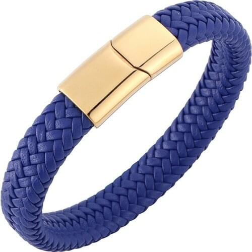 Fashion Blue Leather Braided Charm Bracelet Male Wrist Band 3 Colors Magnetic Buckle Men Jewelry Bangles Gifts S0017