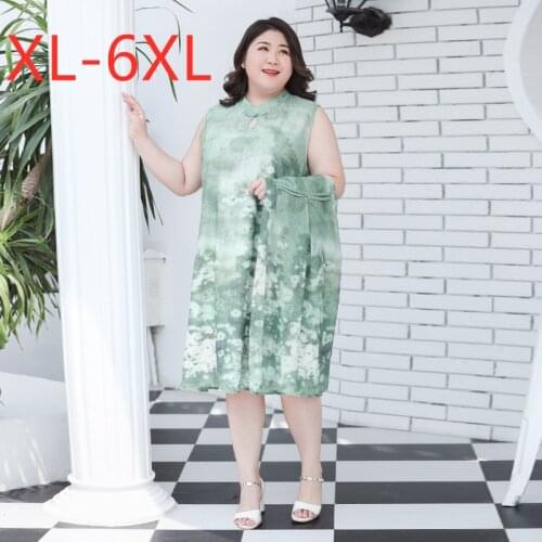New 2021 summer plus size midi dress for women loose casual sleeveless green floral print vest dress two pieces 3XL 4XL 5XL 6XL