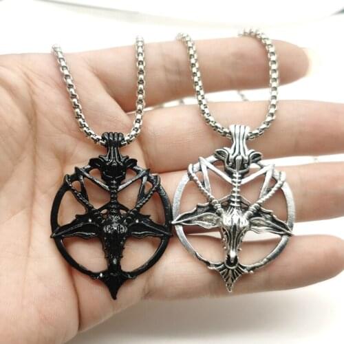 New Fashion Glamour Retro Womens Pentagram Pan God Skull Goat Head Pendant Necklace Keel Chain Gothic Witch Jewelry