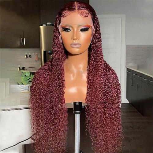 13x4 Lace Front Human Hair Kinky Curly Dark #99J Colored Brazilian Remy Wigs 4x4 Lace Closure Human Hair Wig Pre Plucked for Wom