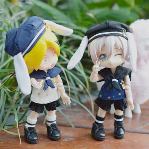 OB11 doll Dress fits a 1/12 size stylish white bow star top + black shorts + bunny ear blue hat small navy suit