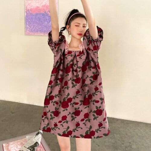 Vintage Print Dress For Women Square Collar Puff Short Sleeve Loose Hit Color Mini Dresses Female 2021 Fashion New Style X219