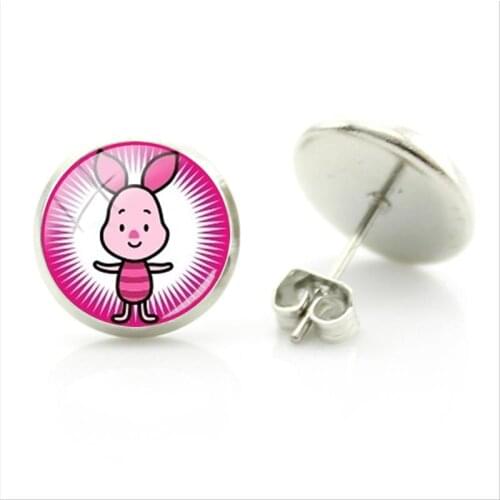 Disney Winnie The Pooh Jumping Tiger Piglet Pattern Earrings Glass Cabochon Fashion Simple Style Jewelry Accessories