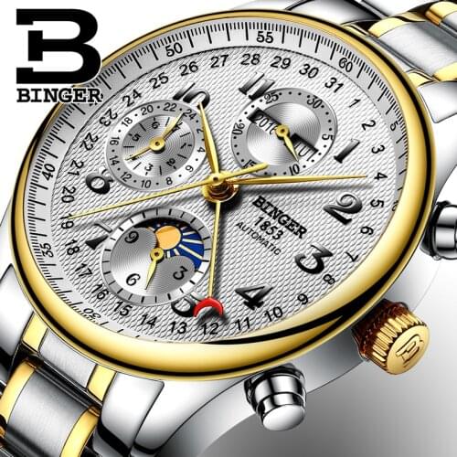 Switzerland luxury brand BINGER watches men Multiple function Moon Phase sapphire Calendar Mechanical Waterproof Watches B-603-8