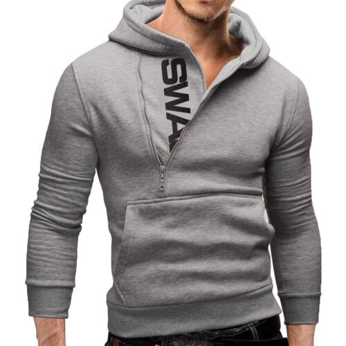Sports Men Plus Size Slant Zipper Letter Hoodies Long Sleeve Hooded Sweatshirt