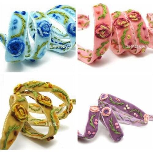 1yard 3d Embroidered Vintage Flower Velvet Ribbon For Girls Hairbands And Chocker Diy Dress Belt Ornament Accessories 16mm Width