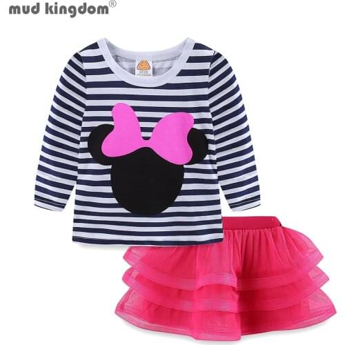 Mudkingdom Little Girls Tutu Skirt Set Cute Cartoon Stripe Long Sleeve Outfits for Girls Ruffle Autumn Children Clothing Set