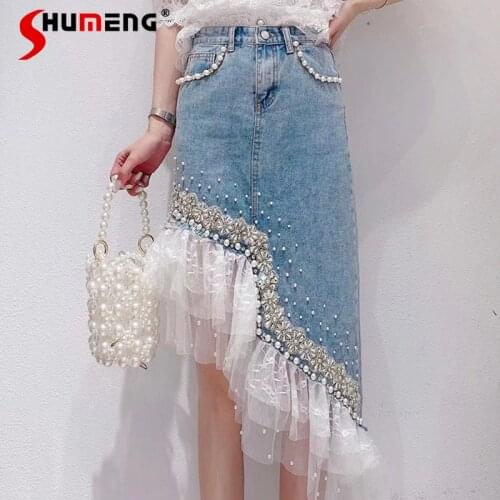 2021 Summer Beads Lace Irregular Ladies Knee Length Denim Skirt Women Fashion High Waist Slimming A- Line Mid-length Skirt