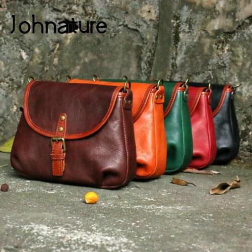 Johnature Genuine Leather Retro Shoulder Bag 2021 New Leisure Nature Soft Cowhide Versatile Solid Color Female Crossbody Bags