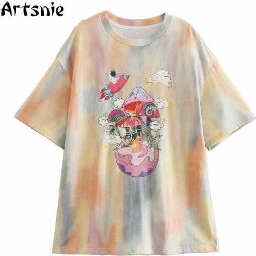 Artsnie Cartoon Print Women T Shirt Summer 2021 O Neck Short Sleeve Tops Female Streetwear Casual Knitted Ladies T-shirts Femme