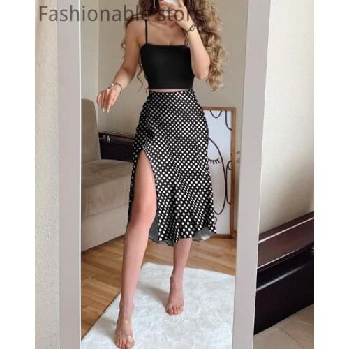 Women Two-Piece Solid Color Spaghetti Strap Crop Top & High Slit Polka Dot Print Midi Skirt Sets