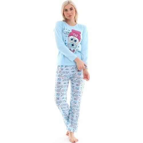 Womens Light Blue Owl Printed Pajamas set