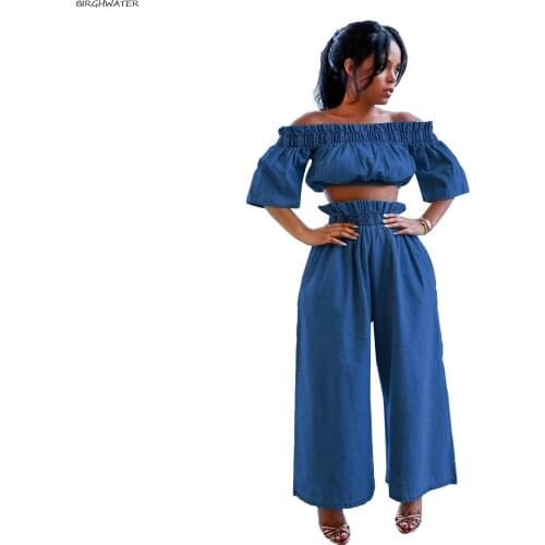 Women Suit 2021 Split Horn Jeans Vintage Suit Women 2 Piece Set Denim Off-the-Shoulder Strap Short Sleeve Double Breasted Top
