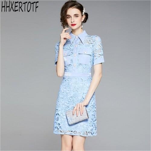 2021 summer fashion women OL blue hook flower hollow water-soluble lace elegant beaded buckle turn down collar lace dress