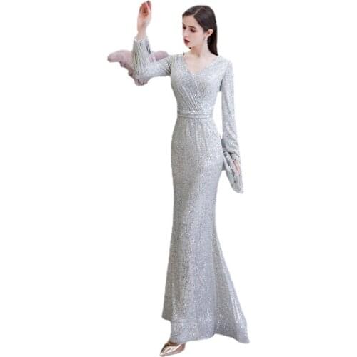 Milomi.CP Full Sequined V-Neck Long Sleeve Mermaid robe de soiree Evening dress long Vestido de festa Serene hill 24441